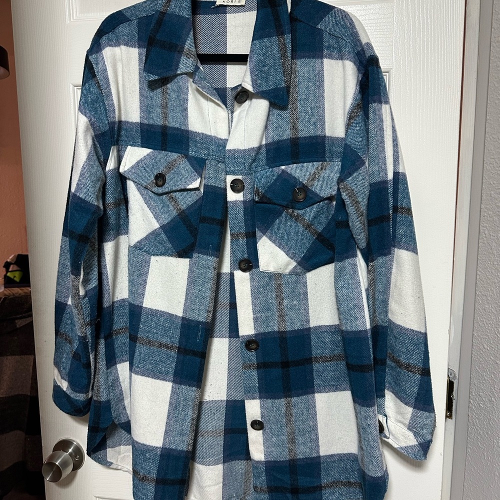Blue and White Plaid Button-Up Shacket